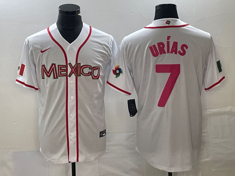 Men 2023 World Cub Mexico 7 Urias White pink Nike MLB Jersey14